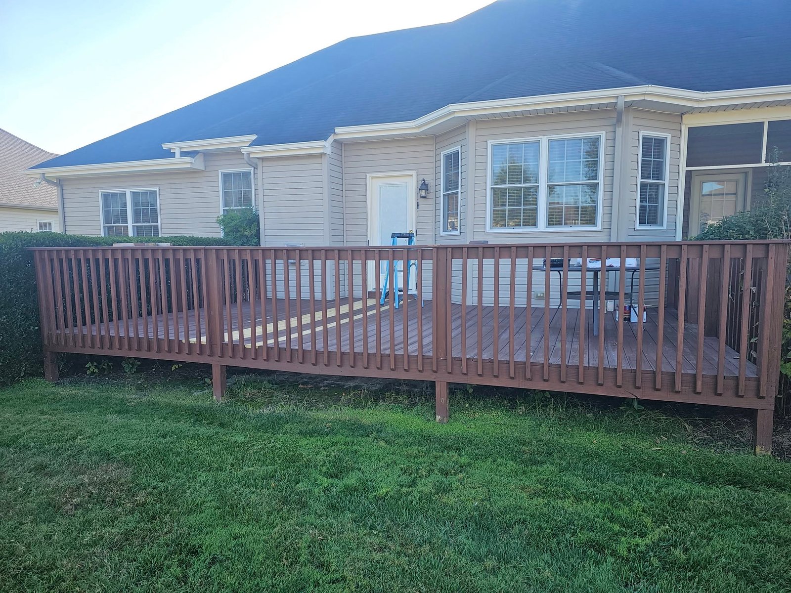 Aerial view of a wood deck attached to a home