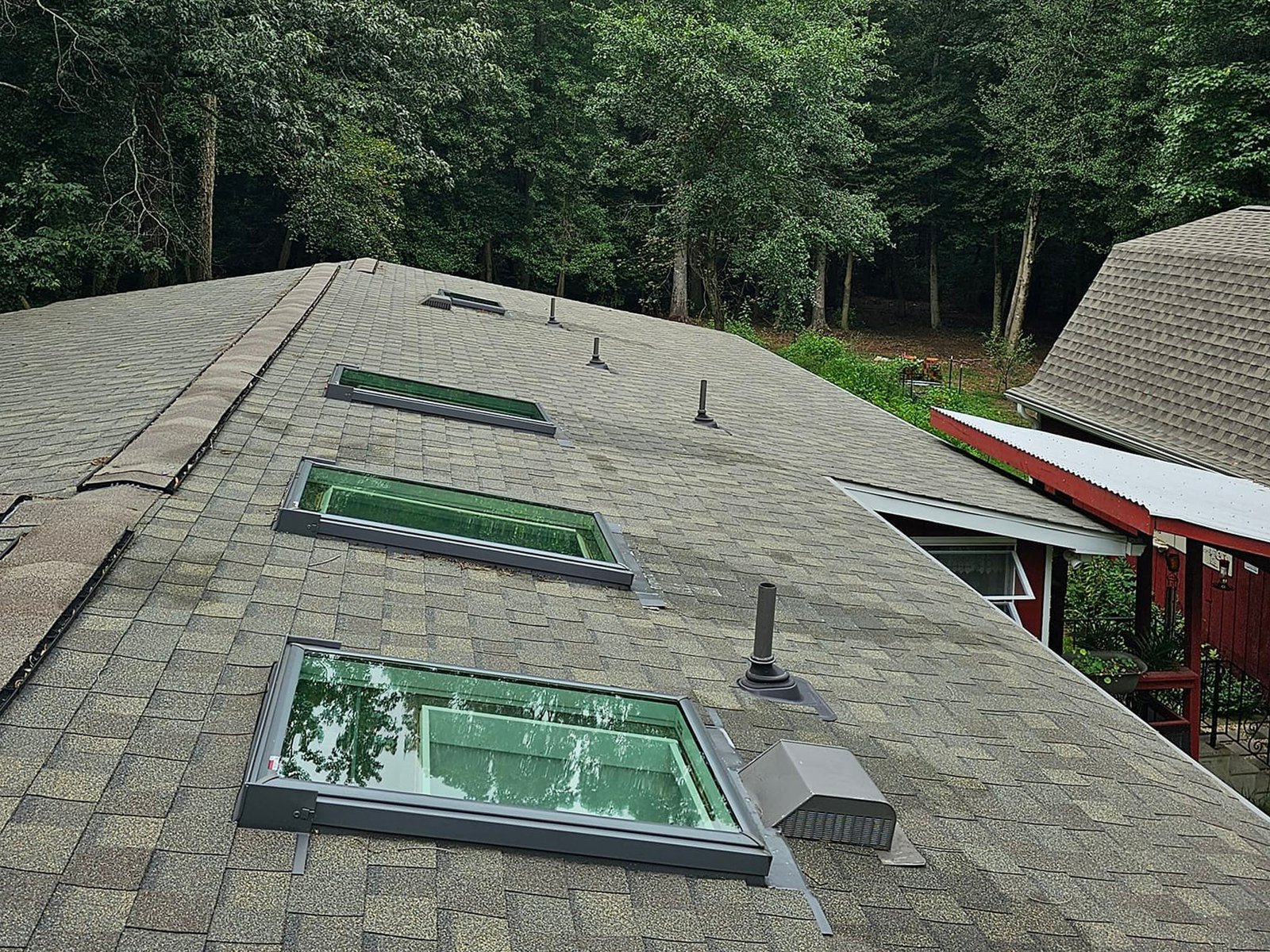 Roof with skylights showing moss and algae streaks before roof cleaning